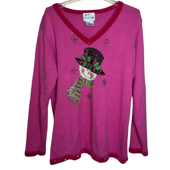 Quacker Factory Snowman V-neck Sweater Pink Beaded Embellished Size XL - Picture 1 of 16